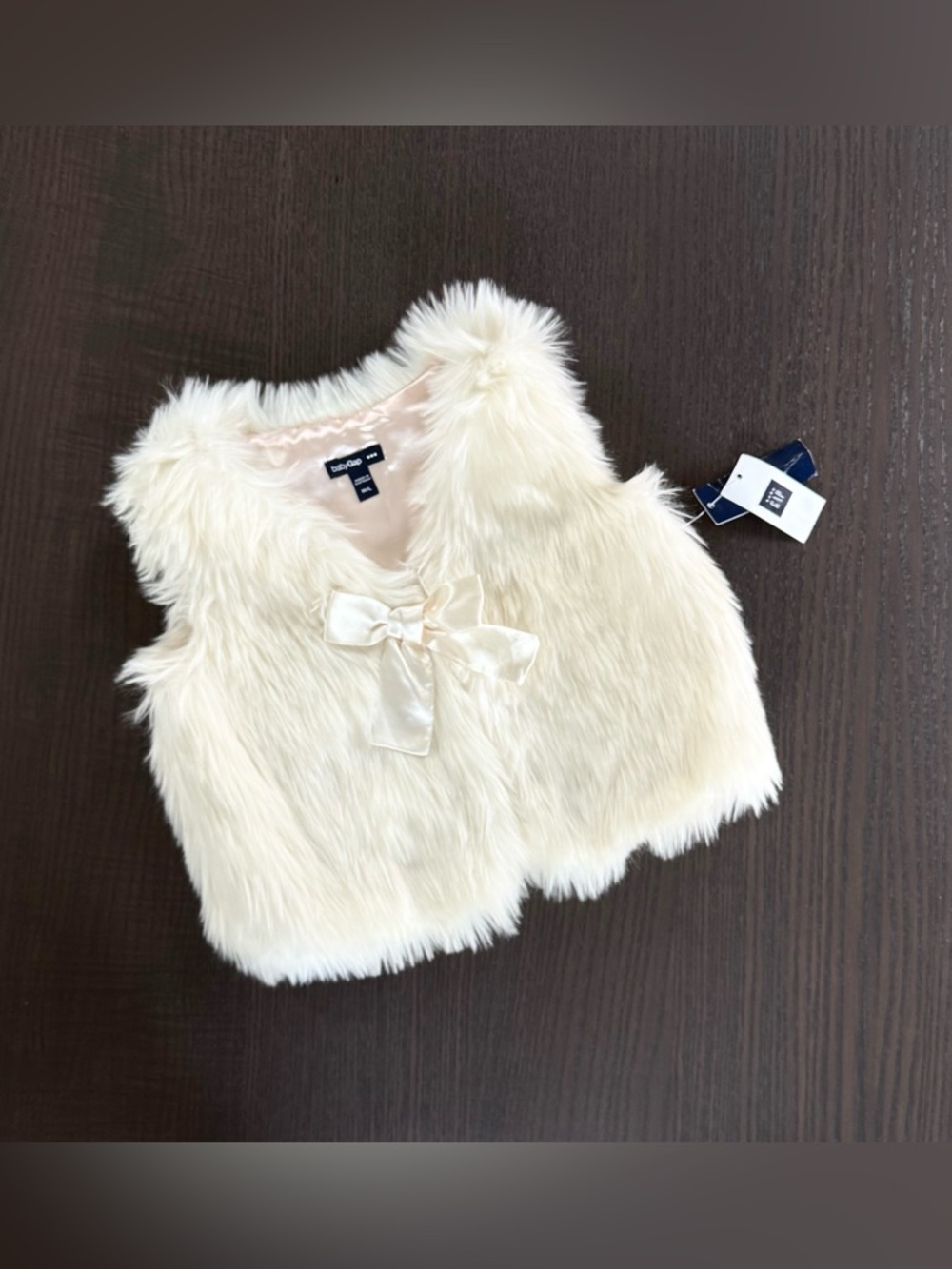 Childrens Cream Faux Fur Vest with Satin Bow - GAP